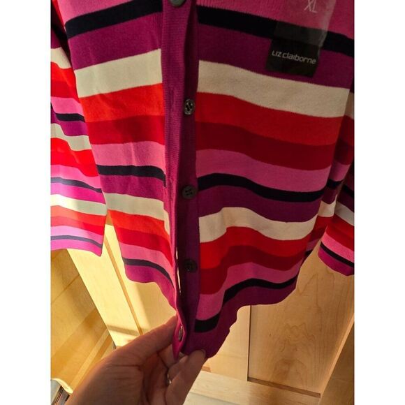 Liz Claiborne Womens XL Striped V-Neck Cardigan Button Front Multi-Color Design - Picture 4 of 8